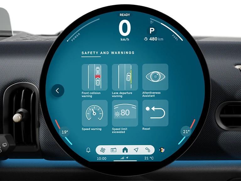Video demonstrating safety features of the MINI, including driver assistance systems and protective technologies.