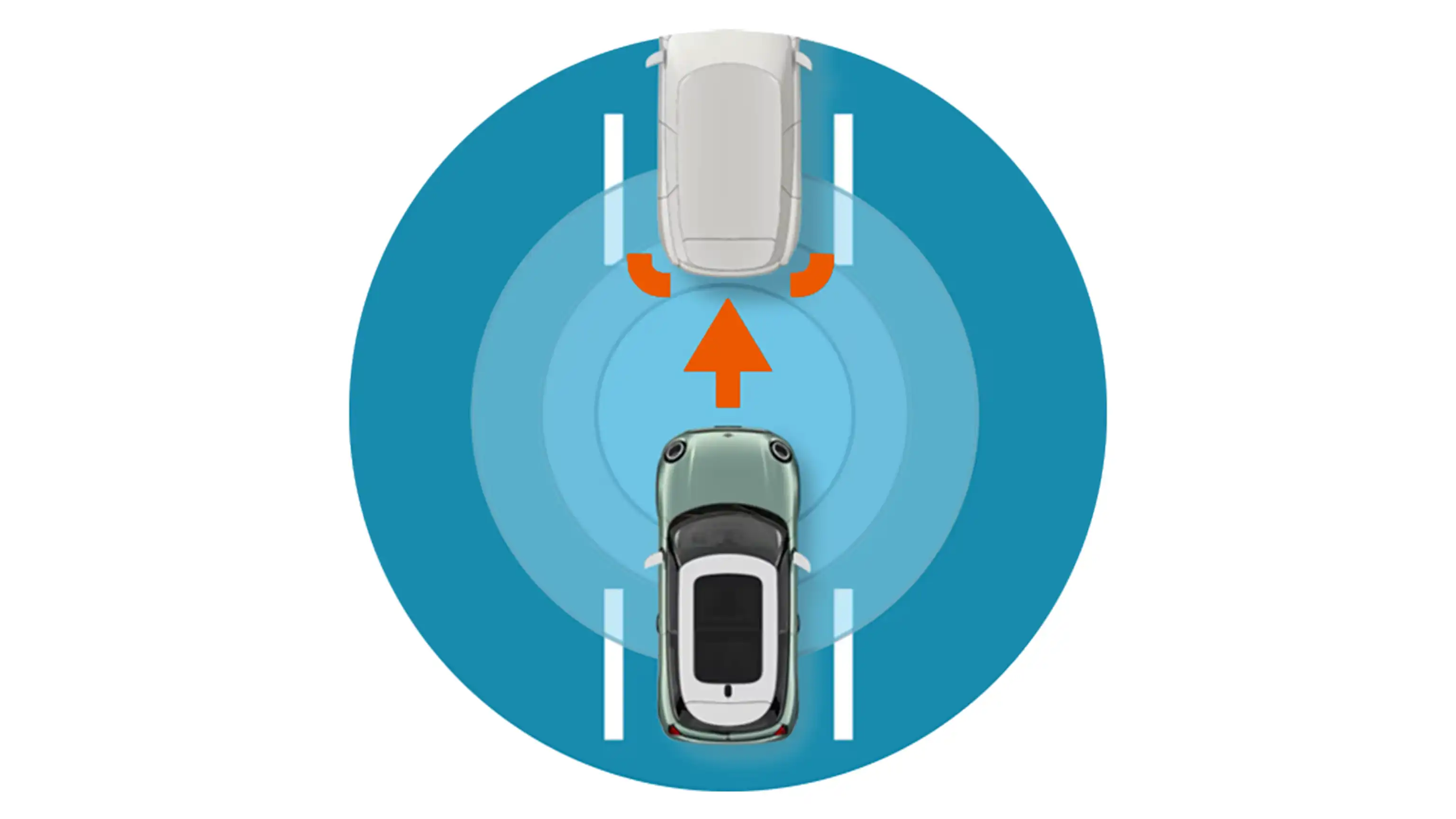 Illustration of a MINI accelerating toward a vehicle ahead with adaptive cruise control detection.