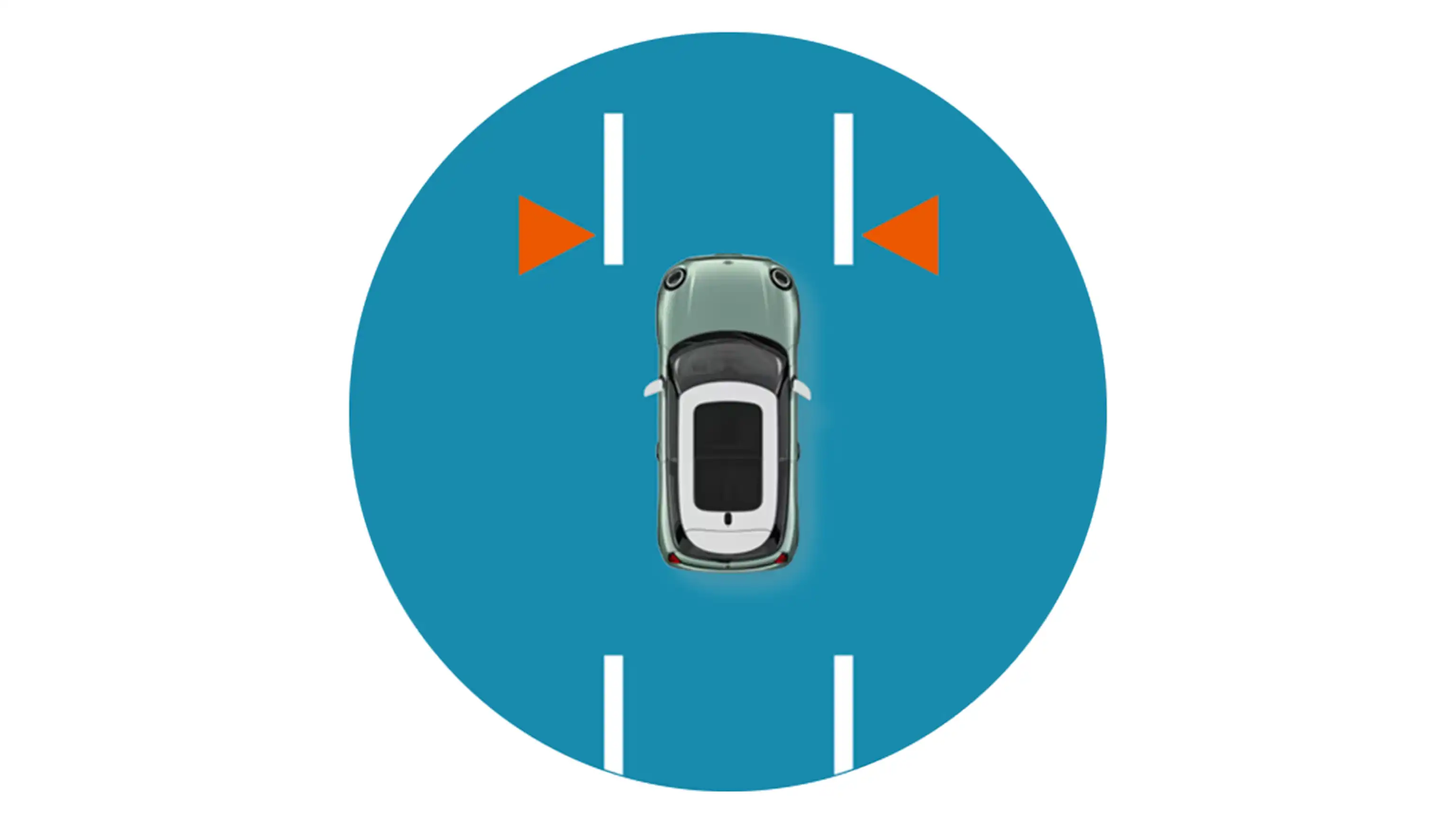 Illustration of a MINI detecting lane departure with warning indicators on both sides.