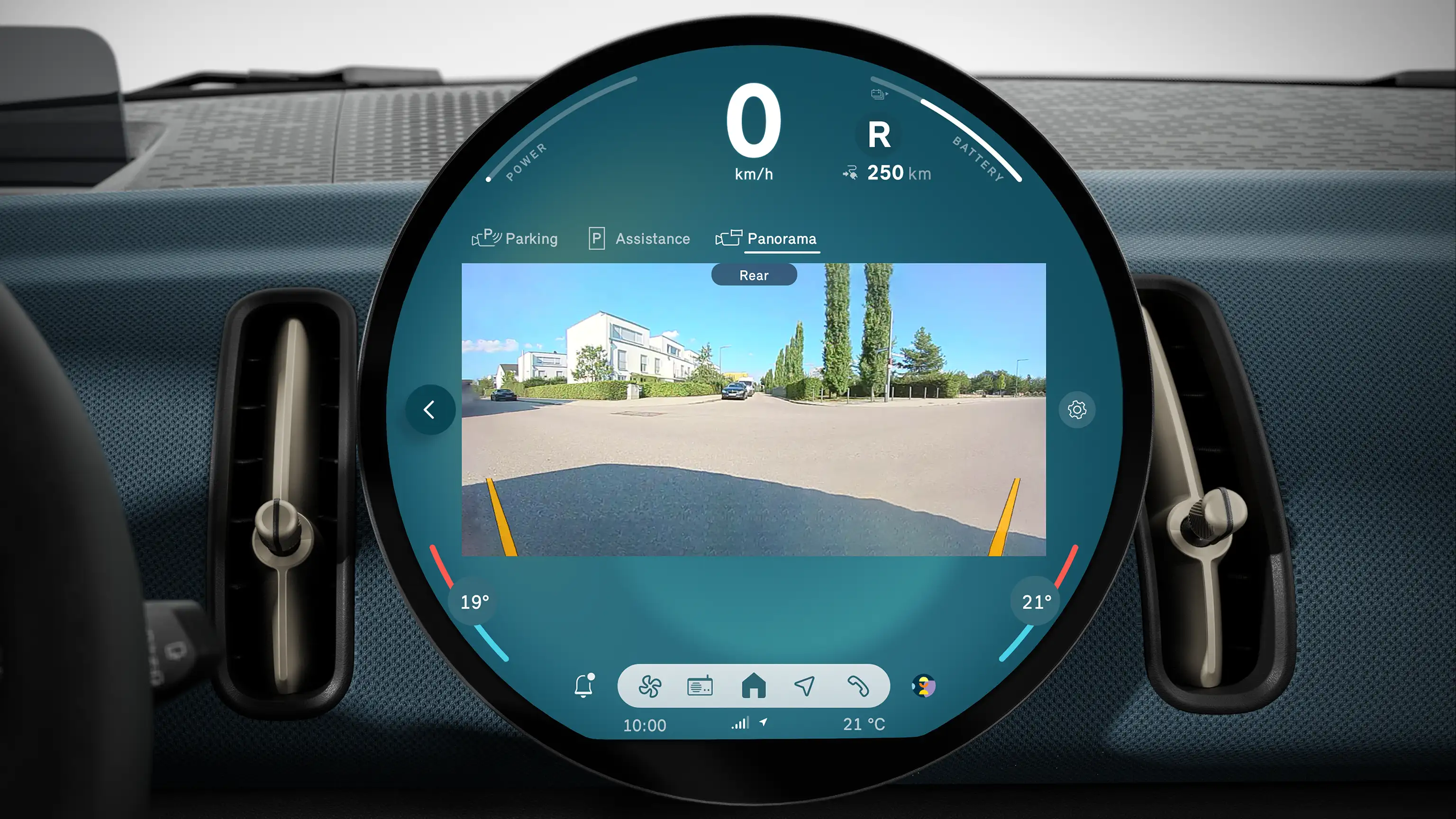 MINI circular display showing the rearview camera with parking guidelines.