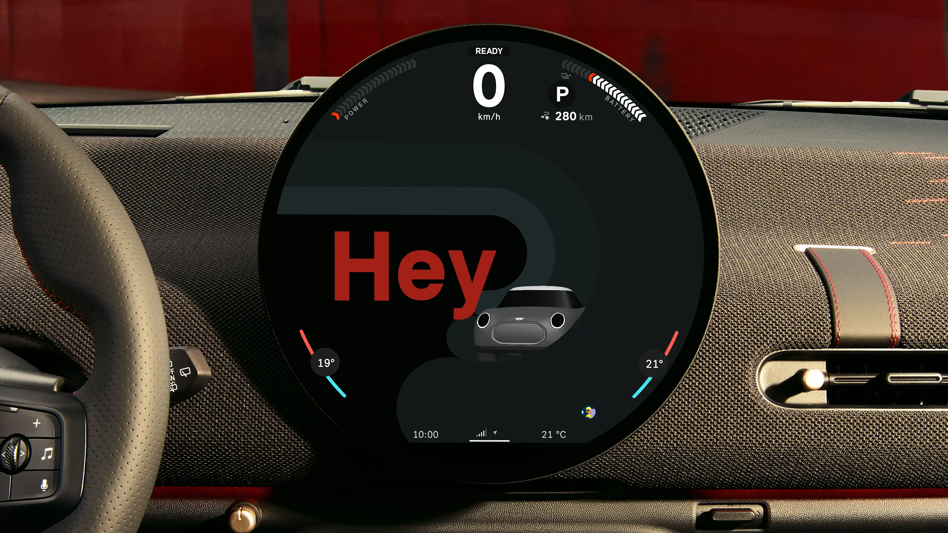 MINI digital circular display showing driving information and a greeting interface.